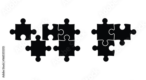 Black puzzle pieces on a white background some connected