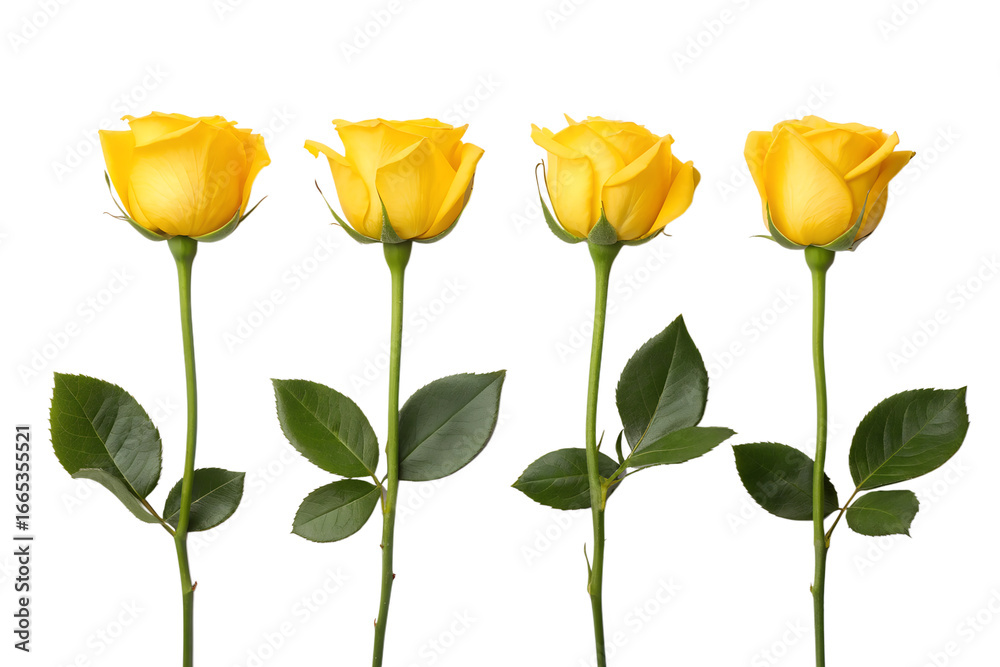 Obraz premium Four vibrant yellow roses with lush green leaves stand tall on delicate stems, isolated on a crisp white background, symbolizing friendship and joy