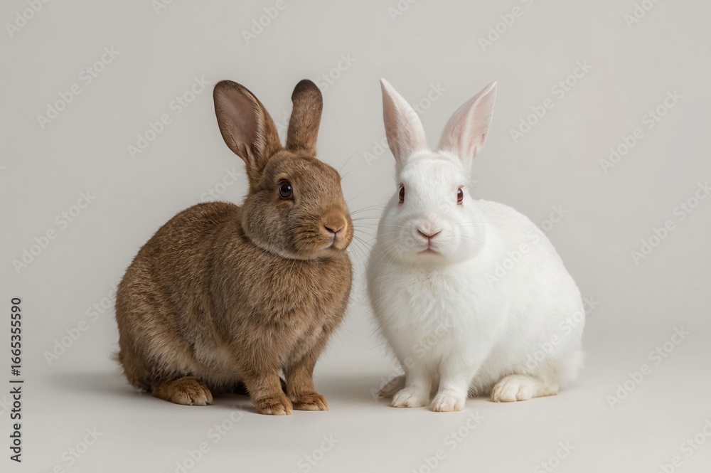 Fototapeta premium Brown and white rabbits posing studio, neutral background