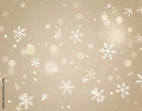 Festive, light beige background with scattered snowflakes and bokeh