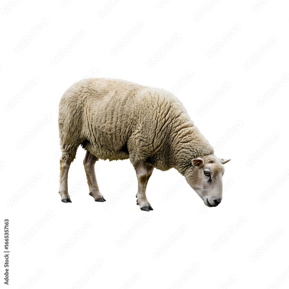 Obraz premium Woolly Sheep Standing Isolated on White Background Farm Animal and Agriculture Stock Photo