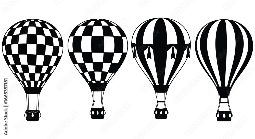 Fototapeta premium Four black and white hot air balloons in different patterns