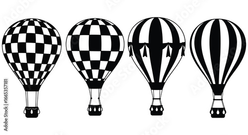 Four black and white hot air balloons in different patterns