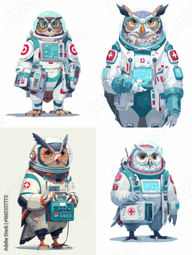Creative vector illustration of owls dressed as astronauts and scientists with futuristic medical gear. Perfect for sci-fi art, concept design, and character branding.