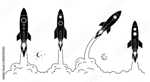 Rockets launching into space with clouds and moon in the background