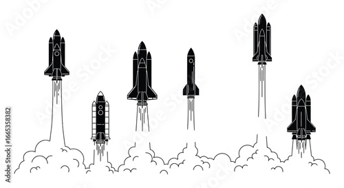 Rockets launching into space with smoke and flames illustration