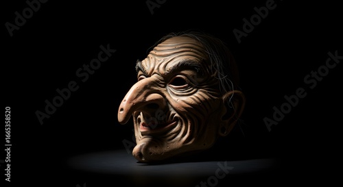 Creepy Halloween Witch Mask with Large Nose on Black Background
