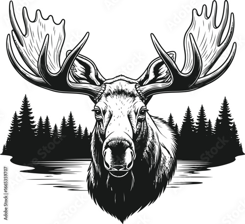 Majestic moose portrait with forest and lake background