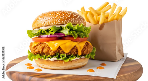 Delicious double cheeseburger with crispy chicken and french fries in a paper bag isolated on transparent background