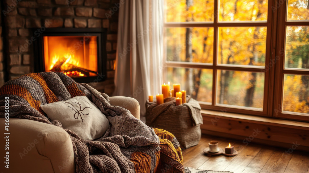 Fototapeta premium Warm and cozy autumn-inspired living room with soft throws, wooden textures, and a fireplace —ar 16:9 