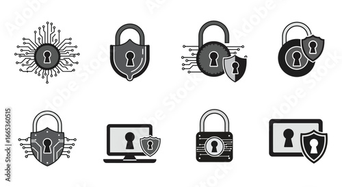 Collection of security icons featuring locks and shields for protection and safety