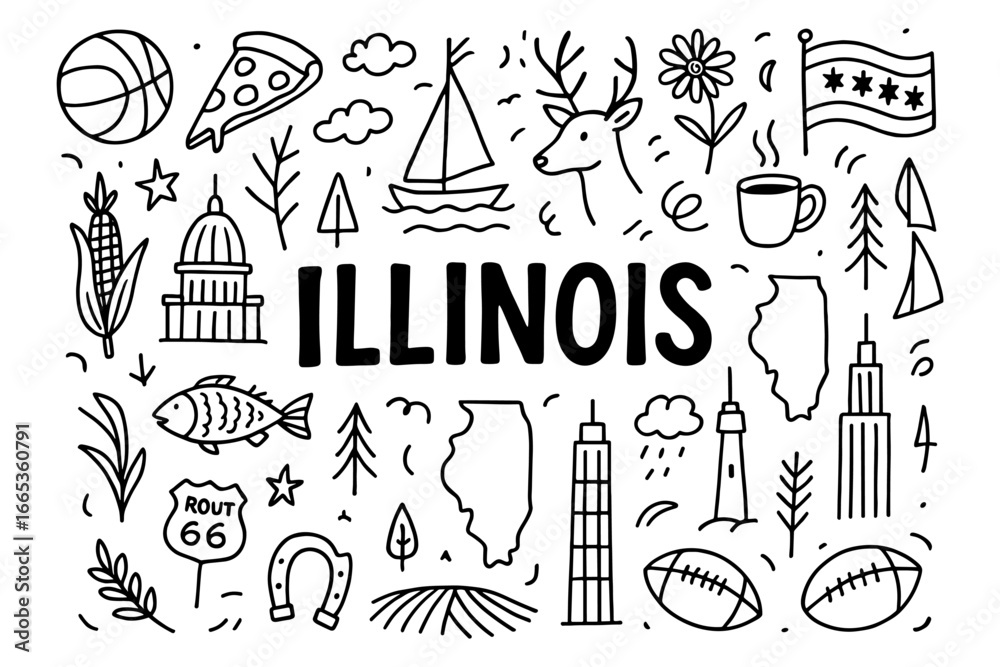 Obraz premium Illinois doodle art featuring state symbols and iconic landmarks in black and white