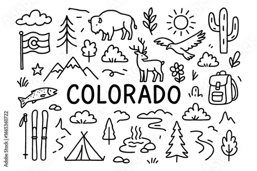 Hand-drawn colorado wilderness symbols featuring nature and wildlife