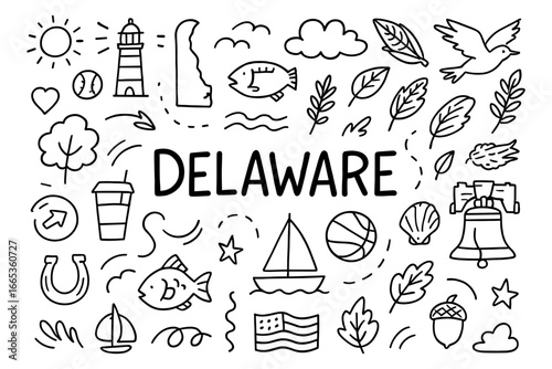 Delaware doodle elements: hand drawn symbols of state heritage and nature