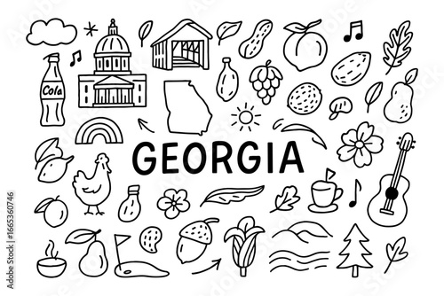 Georgia doodle sketch: state symbols, icons, and southern culture highlights
