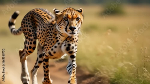 Striking cheetah portrait in african savanna, this cheetah is a magnificent predator on display. Majestic cheetah running across terrain, this cheetah showcases wildlife at its finest.