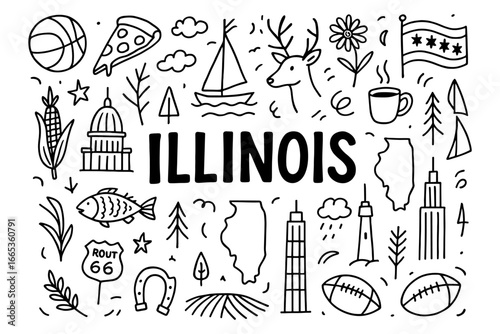 Illinois doodle art featuring state symbols and iconic landmarks in black and white