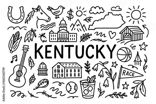 Hand drawn kentucky doodles featuring landmarks, nature, and local culture