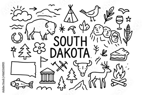 South dakota icons: monuments, wildlife, and nature in linear style