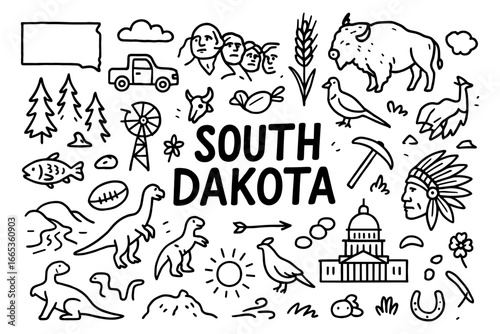 South dakota icons: black and white doodle collection celebrating culture and nature