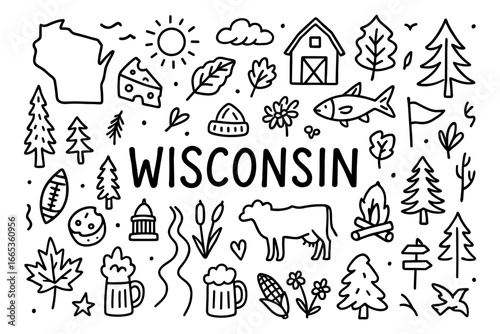 Wisconsin doodle art: state symbols and landmarks in fun hand-drawn style
