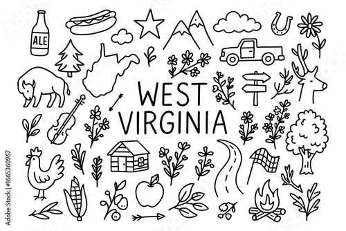 West virginia icons: hand-drawn elements featuring nature, wildlife, and local culture