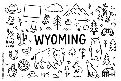 Wyoming doodle art: nature, wildlife, and western culture in simple line style