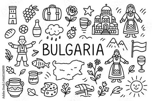 Bulgaria icons: traditional culture and landmarks in hand drawn style