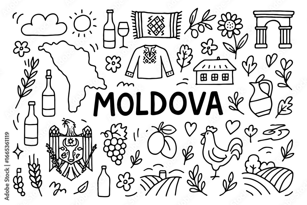 Obraz premium Moldova symbols in doodle style featuring traditional and cultural icons