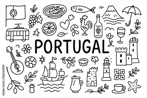 Portugal doodle art: traditional symbols with hand-drawn elements and iconic landmarks