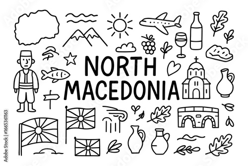 Symbols and icons of north macedonia in black and white doodle collection