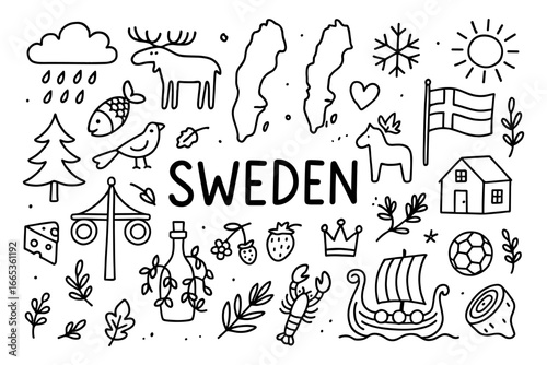 Sweden symbols doodle art with iconic landmarks and nature elements