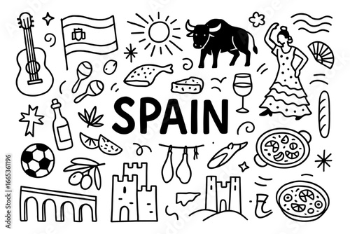 Iconic symbols of spain in a playful doodle design