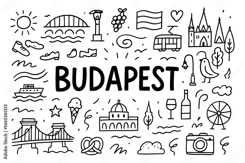 Naklejka premium Hand-drawn budapest elements: landmarks, food, and culture