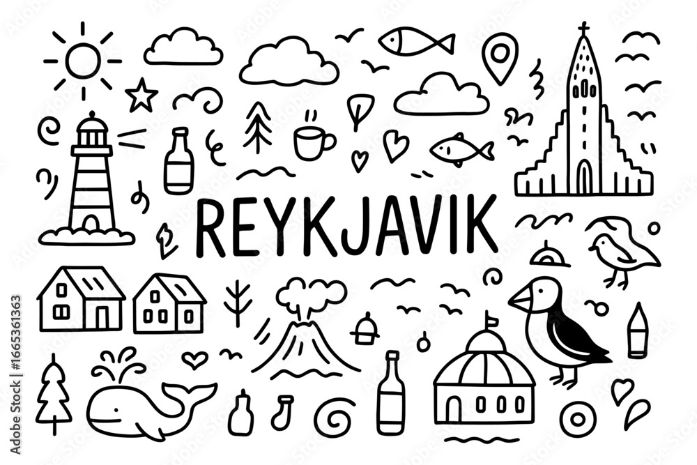 Fototapeta premium Reykjavik landmarks and icons: whales, birds, and volcanoes in playful doodle art
