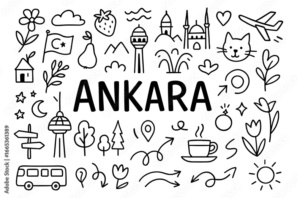 Obraz premium Ankara doodle art featuring iconic landmarks and symbols in black and white