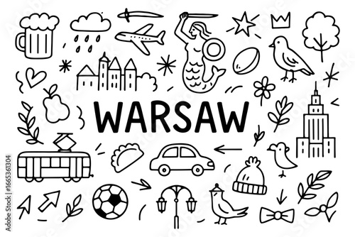 Warsaw doodles: city icons and landmarks in linear style