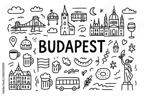 Hand-drawn budapest icons featuring landmarks and cultural symbols