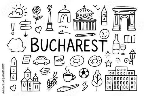 Bucharest icons: hand-drawn doodles of landmarks and culture
