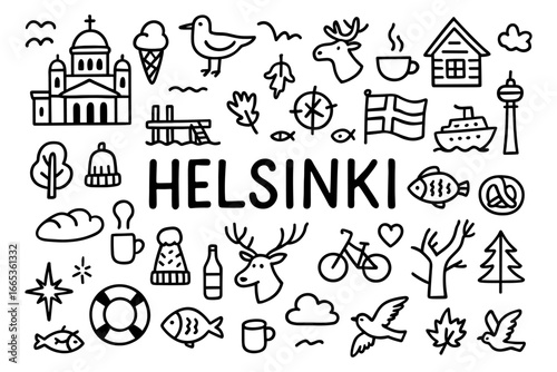 Helsinki icon set featuring landmarks, nature, and scandinavian elements in line art style