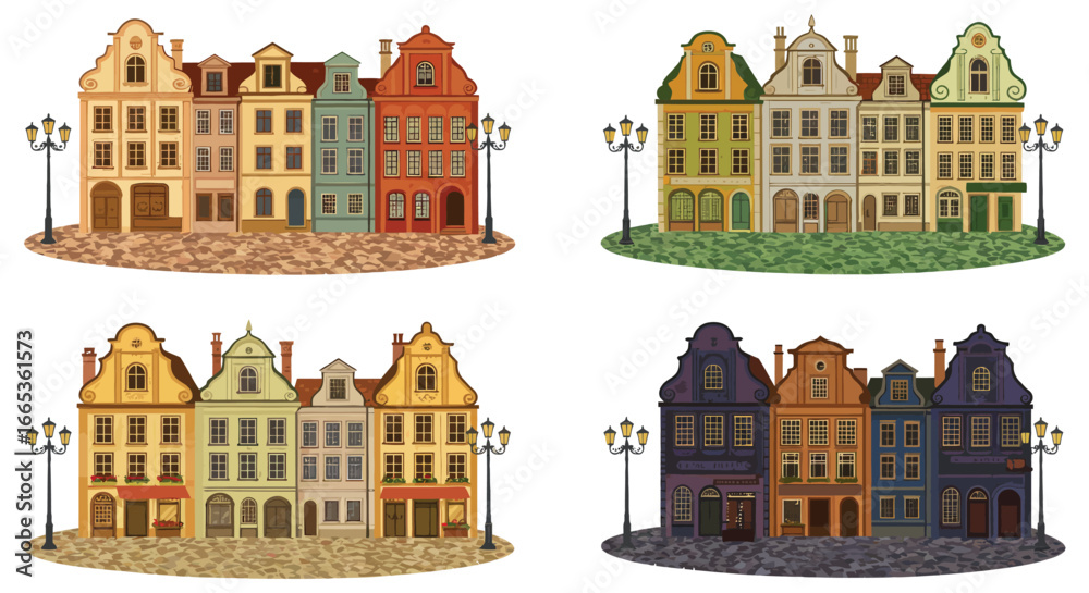Fototapeta premium colorful european style buildings with street lamps on white background