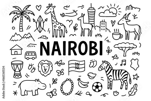 Nairobi doodles: iconic landmarks, wildlife, and culture in monochrome design
