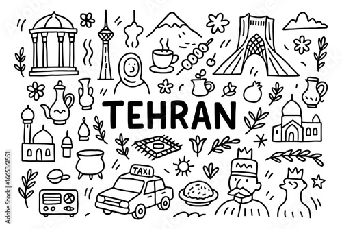 Tehran doodle art with famous landmarks and cultural symbols