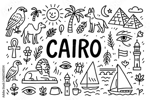Cairo doodles: iconic landmarks and symbols in hand-drawn style