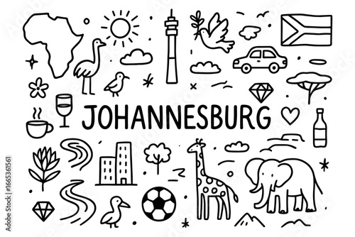Johannesburg doodles: iconic symbols and landmarks in simple monochrome art
