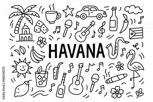 Doodle art of havana: musical and cultural icons in hand-drawn style