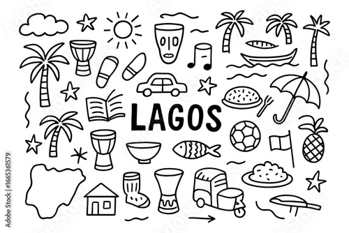 Lagos doodles: beach, culture, and fun in black and white line art