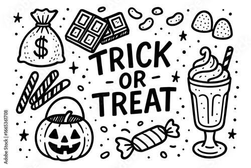 Halloween treats and sweets: fun black and white doodle art for trick or treat