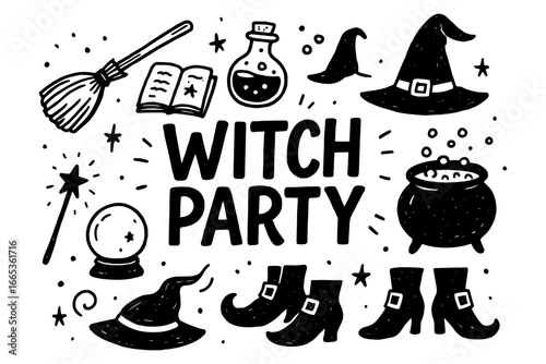 Halloween witch party doodles with magical elements and spooky accessories