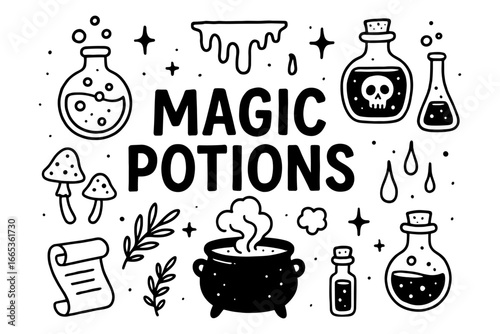Magic potions set: hand drawn alchemy elements with cauldrons and vials